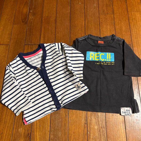80cm ストライプカーディガンと七分袖Tシャツセット 男の子 女の子 カットソー ロンT
