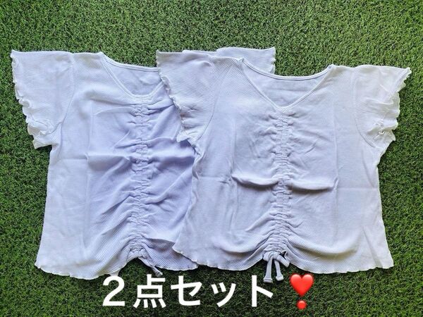 GU ジーユー☆半袖 カットソー トップス フリル☆女の子 ガールズ☆M(150cm) ホワイト☆2点セット☆中古品