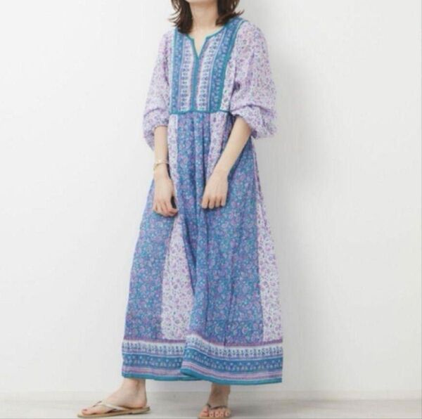 美品 ヌキテパ ロングワンピース ペイズリー 花 インド製 紫 コットン
