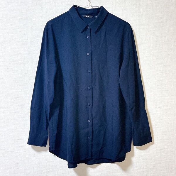 美品 ユニクロ レーヨンブラウス 長袖 ネイビー XL 定番