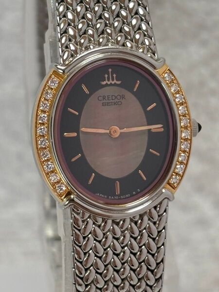 【美品】セイコー クレドール 18KT K18PG クォーツ【5A70-3000】ダイヤベゼル ピンクシェル×ブラック【稼働品】