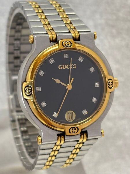 【美品】GUCCI グッチ 11P ダイヤ クォーツ【9000M】デイト 純正ベルト 文字盤:ブラック【稼働品】メンズモデル
