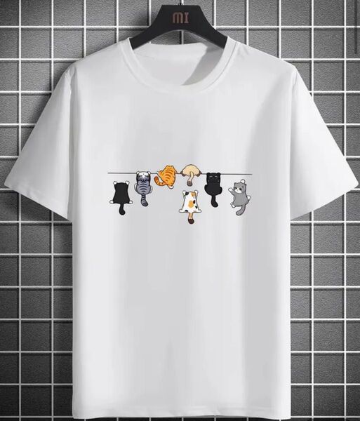 半袖Tシャツ ネコちゃんプリント ラウンドネック 快適軽量 ユニセックス ホワイト Mサイズ