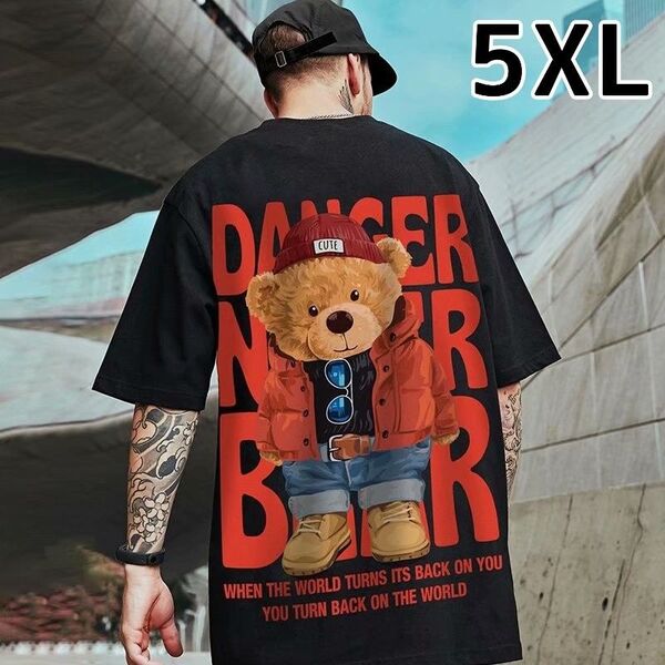 ビッグサイズ Tシャツ くま ロゴ バックプリント ストリート ユニセックス ブラック 黒 半袖 ベアプリント