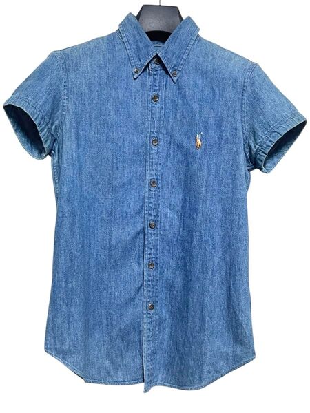 匿名発送 美品 ラルフローレン デニム半袖シャツ サイズ7 カラーロゴ