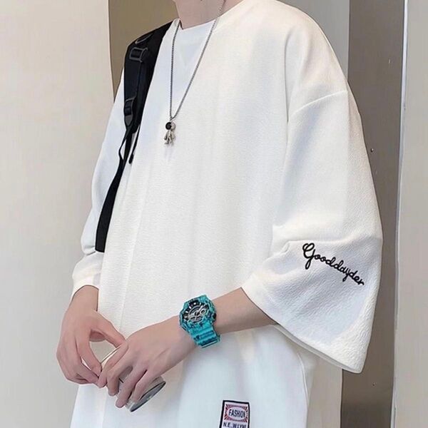 メンズT シャツ ティーシャツ ハーフT ロゴ 韓国風 丸首 ゆったり