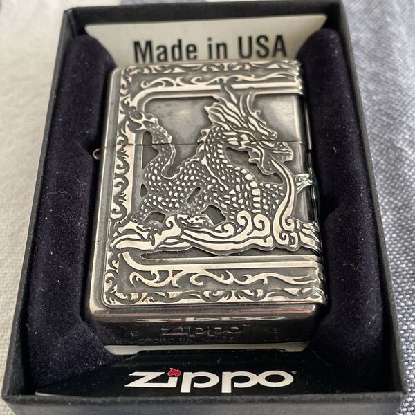 ZIPPO ジッポー 三面龍 イブシ Dragon ドラゴン ターコイズ ストーン 2013年製 オイルライター 立体彫り ジッポ