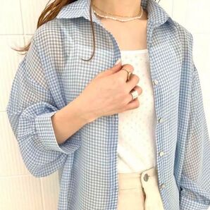 【新品 タグ付き】Flower シアーギンガムシャツ ブルー サイズフリー