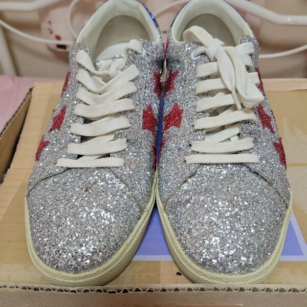 名作Saint Laurent サンローラン ラメ グリッター スニーカー DE603411 42 シルバー27㎝