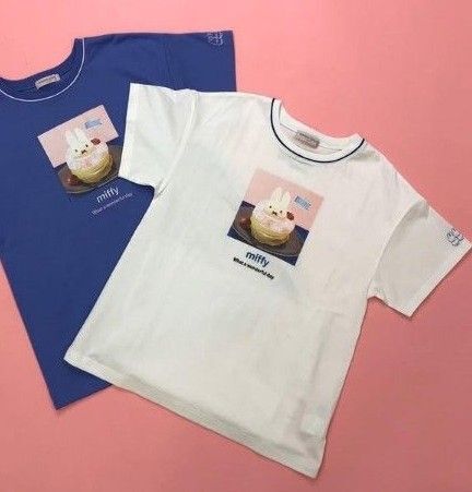 メゾピアノ ジュニア ミッフィー パンケーキ転写プリントロング丈TシャツS140 130白 リンガーT