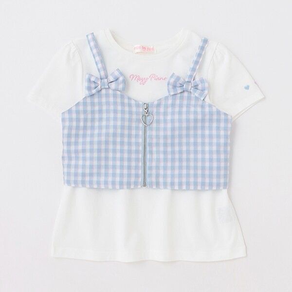 メゾピアノ ギンガムビスチェ&半袖Tシャツセット140 130ブルーピンク リボン