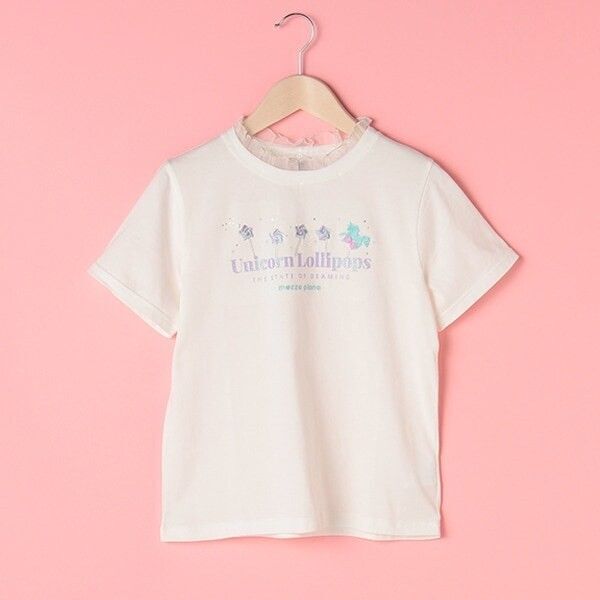 美品メゾピアノ ジュニア ユニコーン×キャンディ刺しゅう切り替えTシャツM150 140白