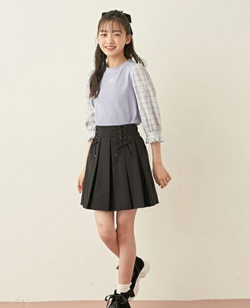 メゾピアノ ジュニア 袖布帛テレコTシャツ(7分丈)M150 140ラベンダー リブ シアー