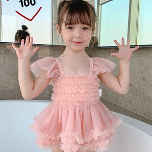 ☆新品☆キッズ フリル付き ノースリーブ ワンピース 水着 可愛い ふんわり プレゼント 夏 可愛い ピンク 100cm