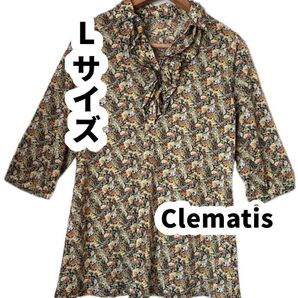 Clematis クレマチス 総柄 花柄 シャツ 七分袖 古着 ミセス 女性 レディース 婦人 ファッション Lサイズ L