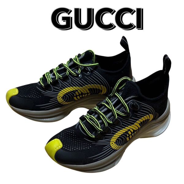 レディース GUCCI グッチ テクニカル ニット スニーカー インターロッキングG ランニングシューズ 黒 黄色 22.5cm