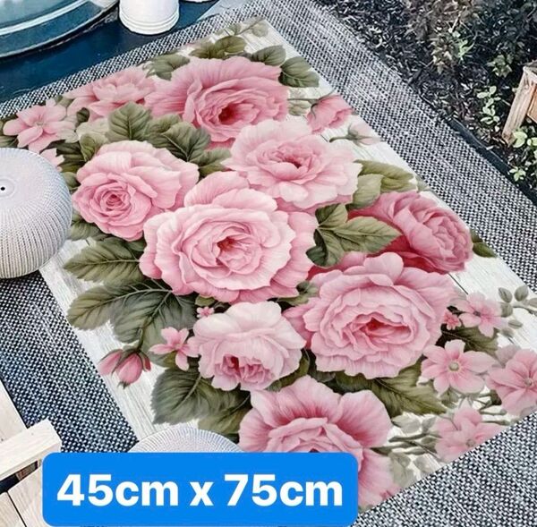 薔薇柄バスマット|玄関・キッチン・リビングにも◎ 洗える滑り止め付きラグマット 45×75cm|華やか花柄&厚手パッド