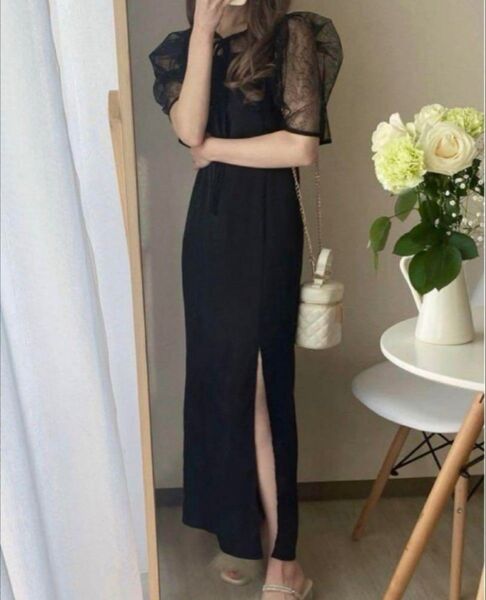 花柄レースボレロXスリットキャミワンピースセットアップ