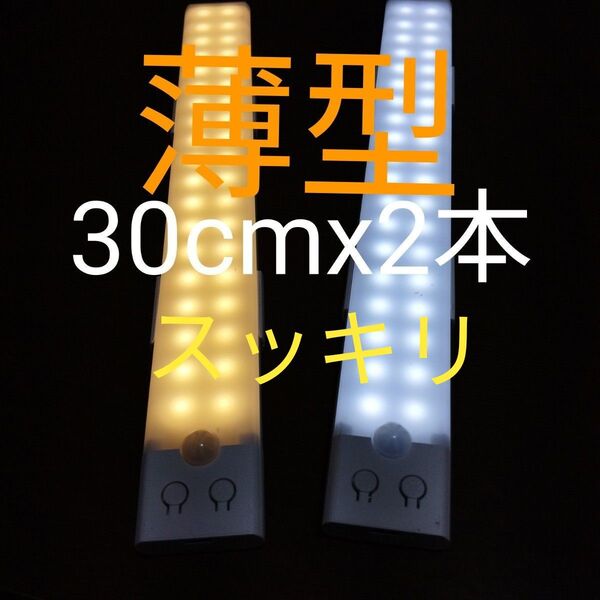 2本セット 薄型人感センサーライト 3調色 LEDセンサーライト クローゼット 玄関 30cm USB充電式 寝室 トイレ 廊下