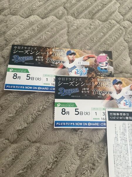 中日×阪神 8/5 シーズンシートペアチケット バンテリンドーム