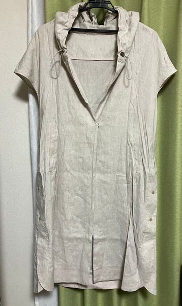 【美品】ジネス:リネン 麻 ジレ ベージュ フード