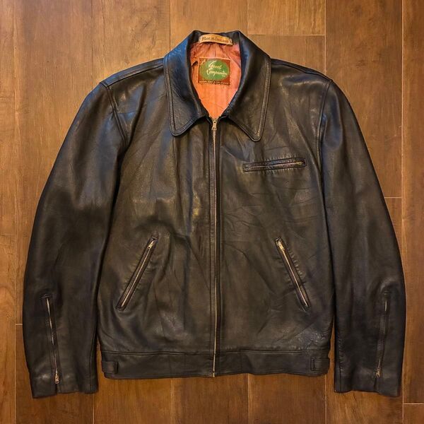 60s uk vintage 襟付きシングルライダース ルイスレザー ロンジャン 古着 本革 ブラック
