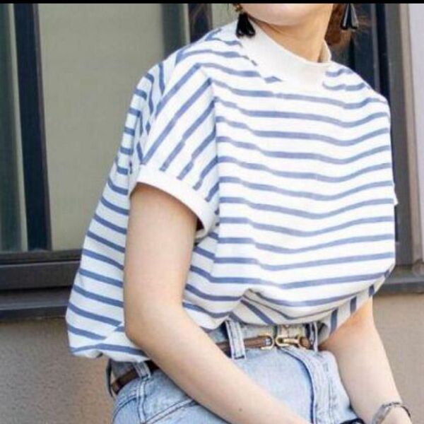 coen(コーエン)ハイネックリピTシャツ ブルーボーダー Lサイズ