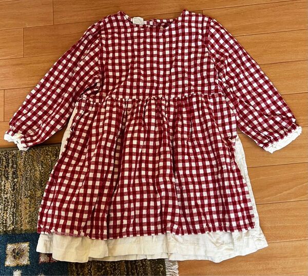 ギンガムチェック ワンピース 110程度 赤 韓国子供服 着画あり 春秋