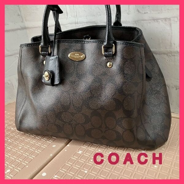 COACH コーチ レザー ハンドバッグ PVC トートバッグ ブラウン シグネチャー 正規品