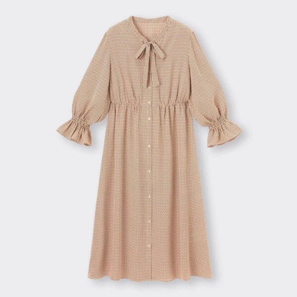 美品 GU サイズM レトロプリントボウタイワンピース〔7分袖〕