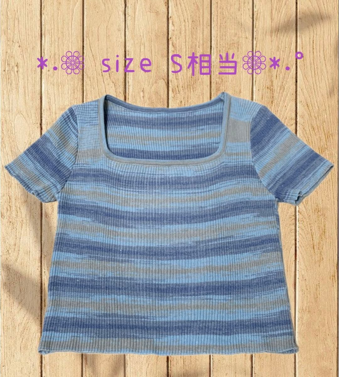 レディース トップス 半袖 リブニット ミニ丈 ボーダー ターコイズブルー サイズS相当 伸縮性あり