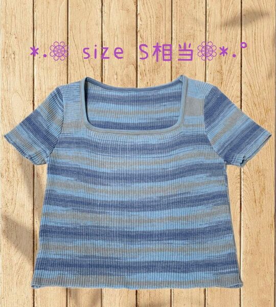 レディース トップス 半袖 リブニット ミニ丈 ボーダー ターコイズブルー サイズS相当 伸縮性あり