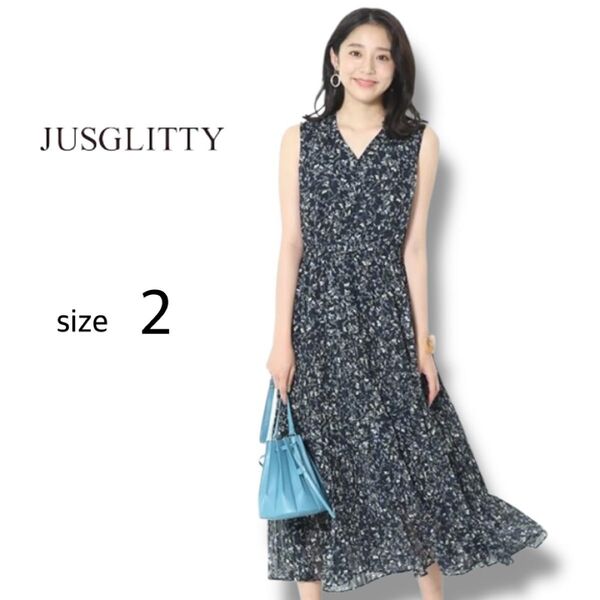【美品】ジャスグリッティー 洗えるフラワープリーツワンピース 花柄 マキシ丈 ノースリーブ ネイビー サイズ2 Mサイズ相当