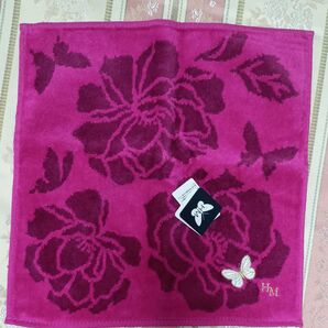 タオルハンカチ 薔薇 蝶 刺繍