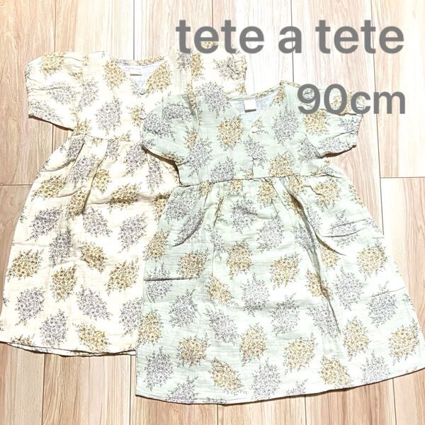 tete a tete ワンピース ボタニカル柄 イエロー グリーン 90cm 2点セット
