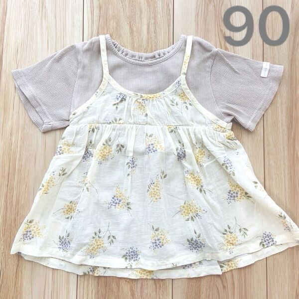 tete a tete リブTシャツ&花柄キャミソール バックリボンチュニック 90cm