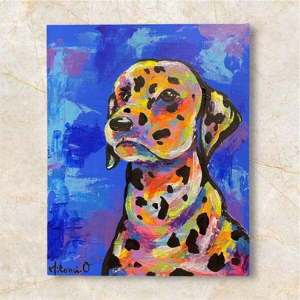 真作 絵画 原画 キャンバスアート 動物画 ダルメシアン 犬の絵 作品証明書付き