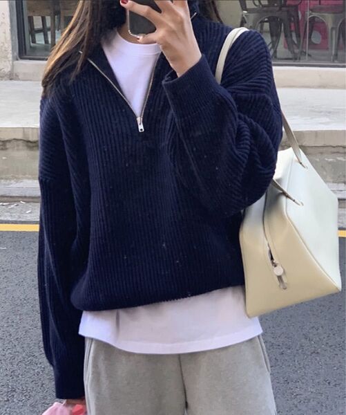 ハーフジップ ショート丈ニット トップス ネイビー 春服 FREE 長袖ニット ニット