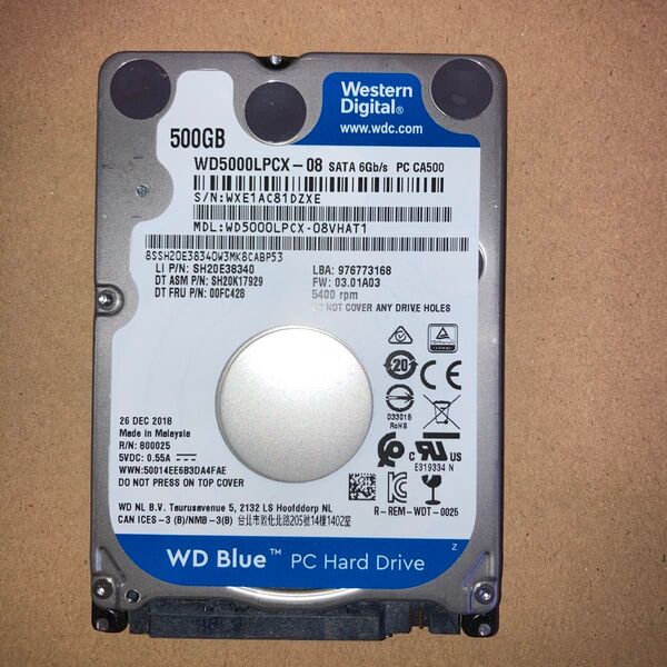 Western Digital HDD 500GB SATA 3 ◯7mm 2.5インチ5204回 14538時間 i05071