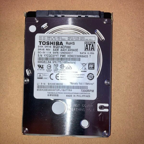 Toshiba HDD 500GB SATA 3 正常判定 7mm 2.5インチ1639回 14294 時間 i0420