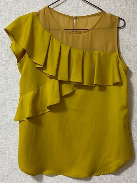 美品 DouDou カラートップス イエロー ブラウス ワンショルダー シースルー 変形トップス Mサイズ