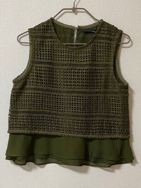 DouDou ノースリーブ トップス ブラウス カーキ エスニック風