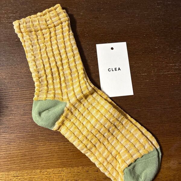 CLEA 靴下 ソックス イエロー 黄色 グリーン 緑 未使用 かわいい レトロ レディース チェック ジャガードチェック