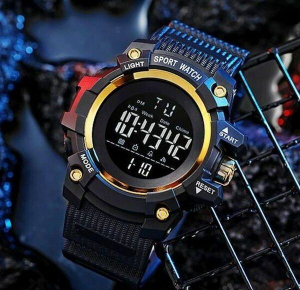 新品 腕時計デジタルウォッチ 多機能 LED 黒/金1y8wze1080