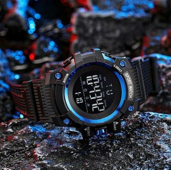 新品 腕時計デジタルウォッチ 多機能 LED 黒/青9r75tj1080