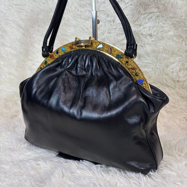 【美品】 HAMANO ハマノ サンピエトロ がま口ハンドバッグ レザー ハンドバッグ ブラック