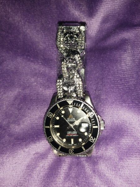 ELGIN 黒SUBオマージュ 腕時計 クォーツ クロスボール ジルコニア入り オマケ付き