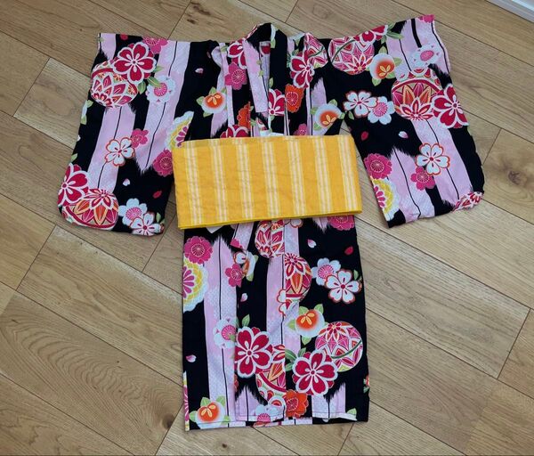 キッズ 浴衣 花柄 黒色 100cm