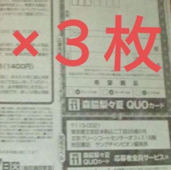 森脇梨々夏 限定クオカード3種応募者全員用紙3枚 ヤングチャンピオン