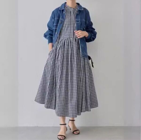 ギャザーワンピース ロングワンピース ギンガムチェック 体型カバー ゆったり フリーサイズ